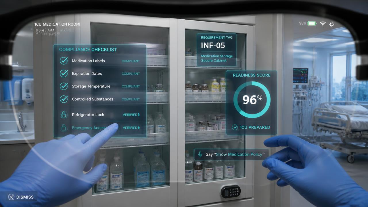 Point of view through smart glasses showing an AR compliance checklist over an ICU medication cabinet