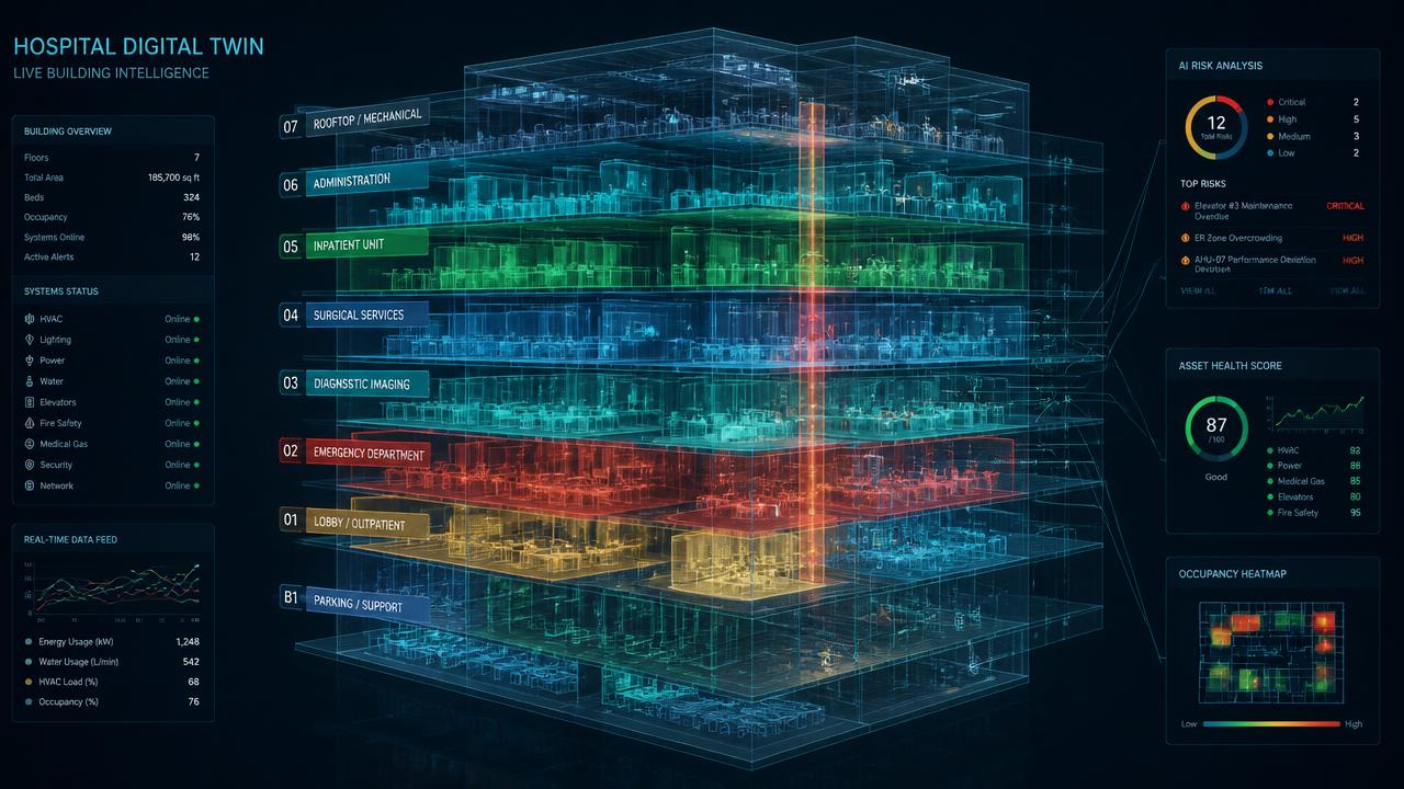 Holographic 3D digital twin of a multi-floor hospital with department zones and risk hotspots
