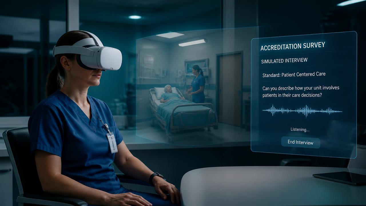 Nurse wearing a VR headset rehearsing a simulated accreditation survey interview